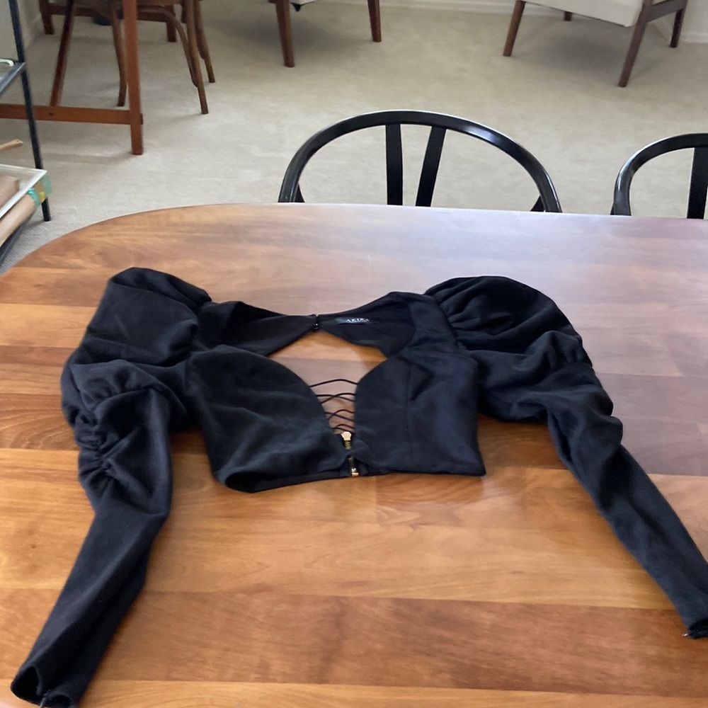 AKIRA black poof sleeve crop top with lace up detail